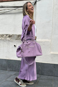 Bolso shopper grande de ante malva para mujer, estilo urbano y funcional