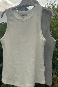 Camiseta básica blanca de canalé sin mangas, cuello redondo y tejido elástico suave de AnnFou
